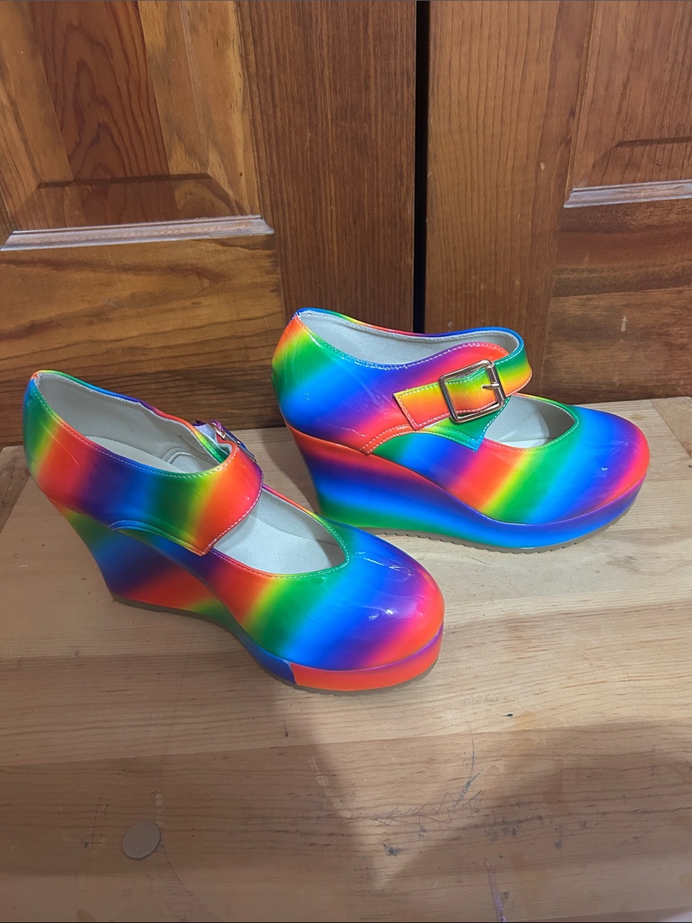 Rainbow Platform Mary Jane Wedge Heels